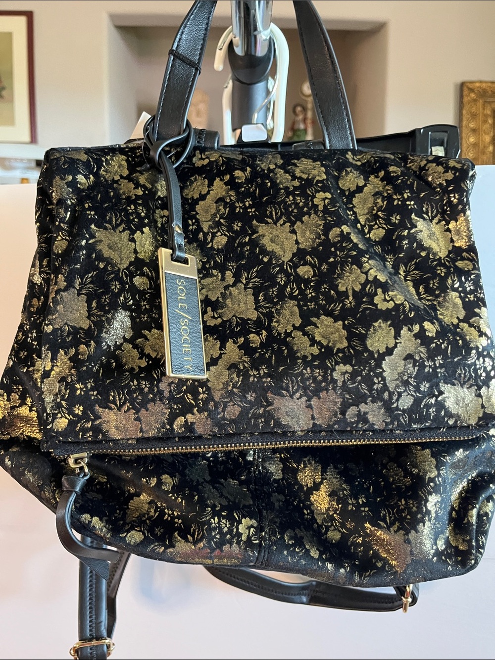 Sole Society black and gold handbag/ back pack in floral pattern NWT